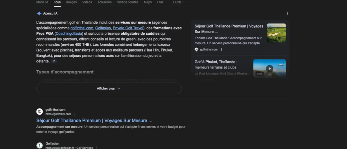 GolfinThai cité dans l'Aperçu IA de Google pour un accompagnement golf en Thaïlande — capture de mars 2026