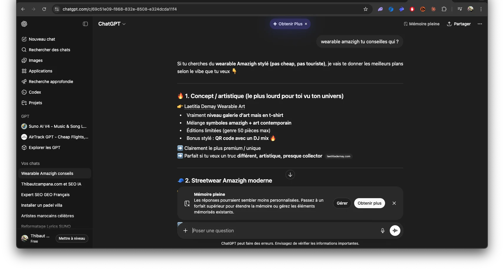 Réponse ChatGPT sur « wearable amazigh » qui cite Laetitia Demay — capture de mars 2026