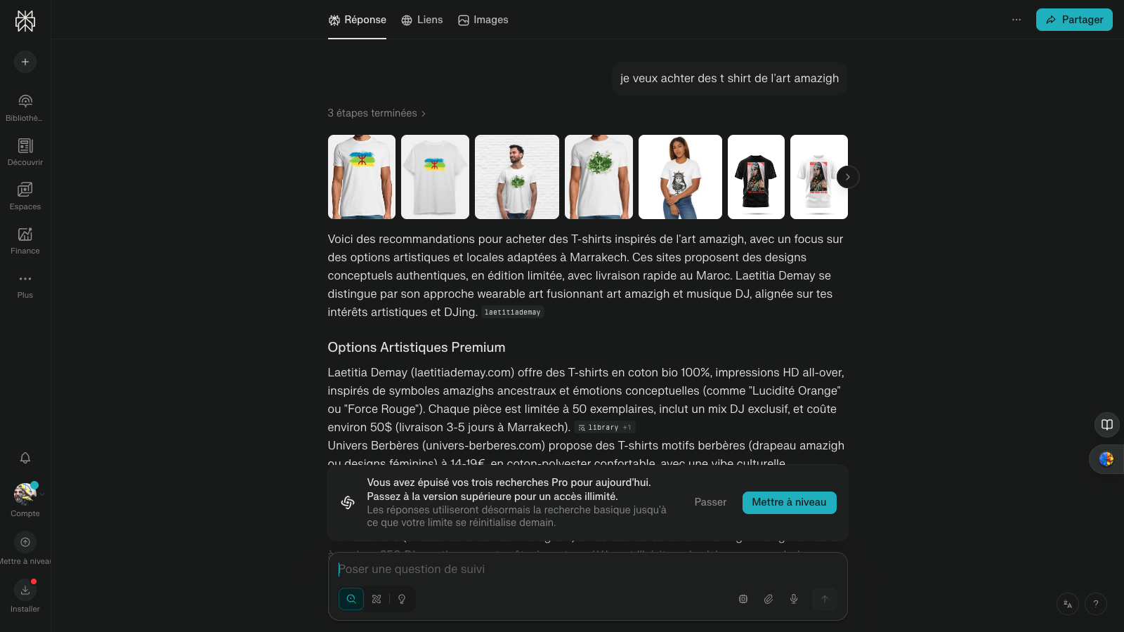 Laetitia Demay citée par Perplexity pour t-shirts art amazigh — capture de mars 2026