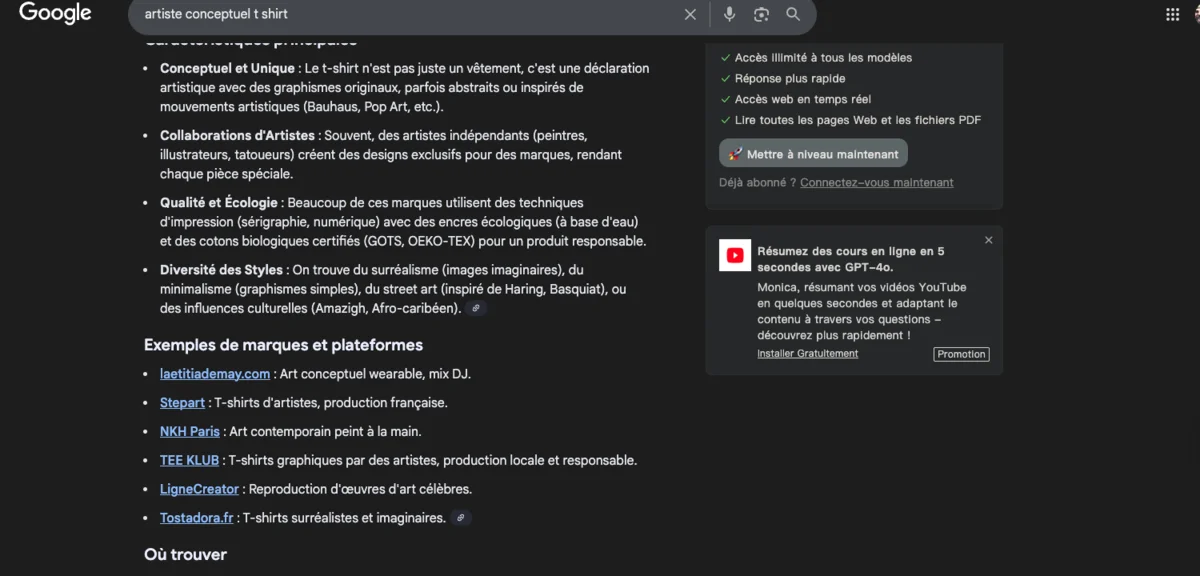 Réponse IA de Google sur « artiste conceptuel t shirt » : laetitiademay.com en tête des exemples de marques — capture de mars 2026